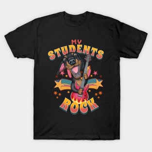 Fun Doxie Dog with guitar on Students Rock with stars T-Shirt
